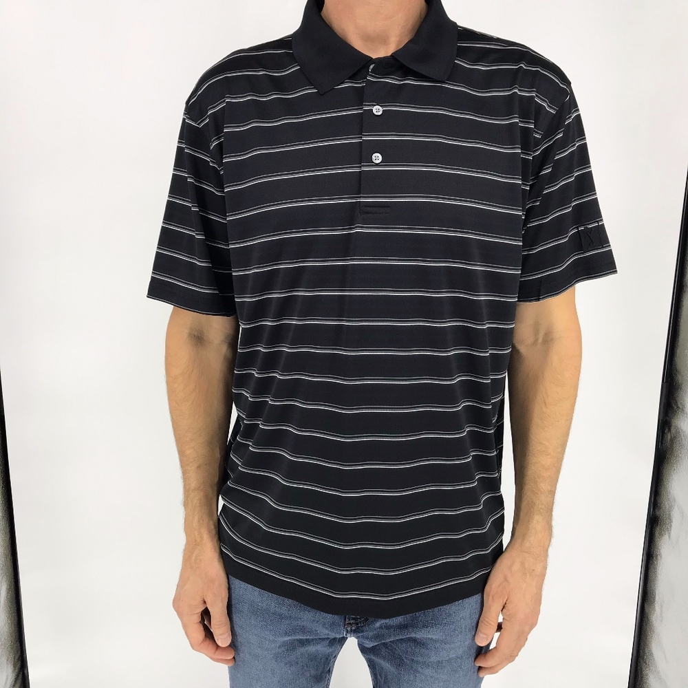 PGA Tour Black Striped Polo Golf Shirt EUC